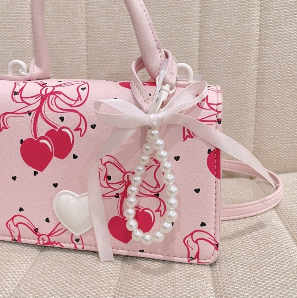 Betsey Johnson LBevie Coquette Bow Cherry Hearts Pink Satchel Crossbody Purse - Picture 9 of 13
